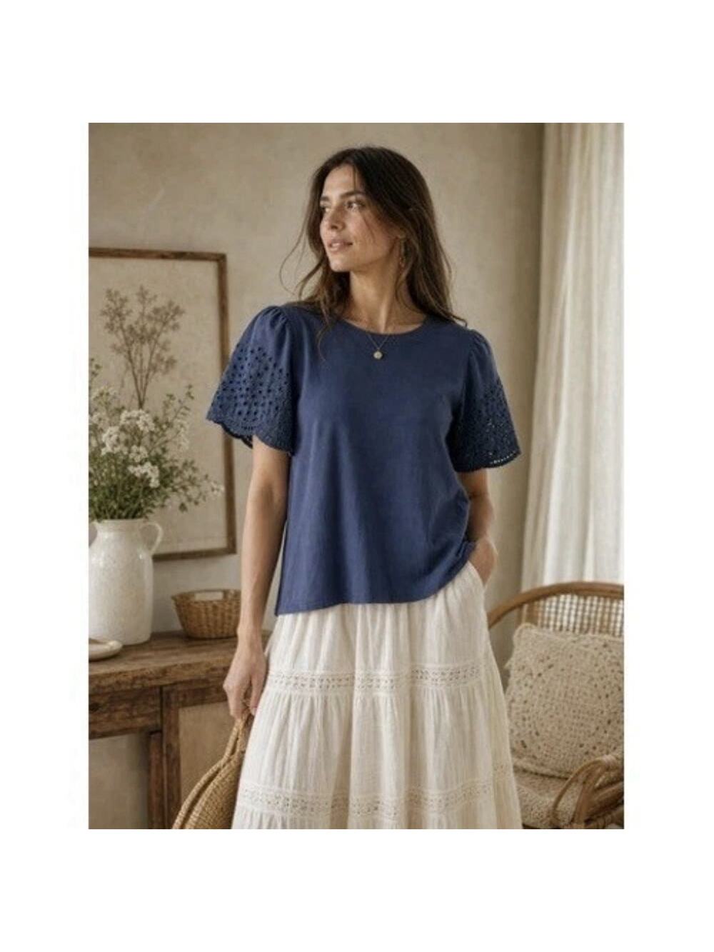 Elie Tahari Navy Eyelet Sleeve Knit Top 1X Cotton Modal Short Sleeve Coastal